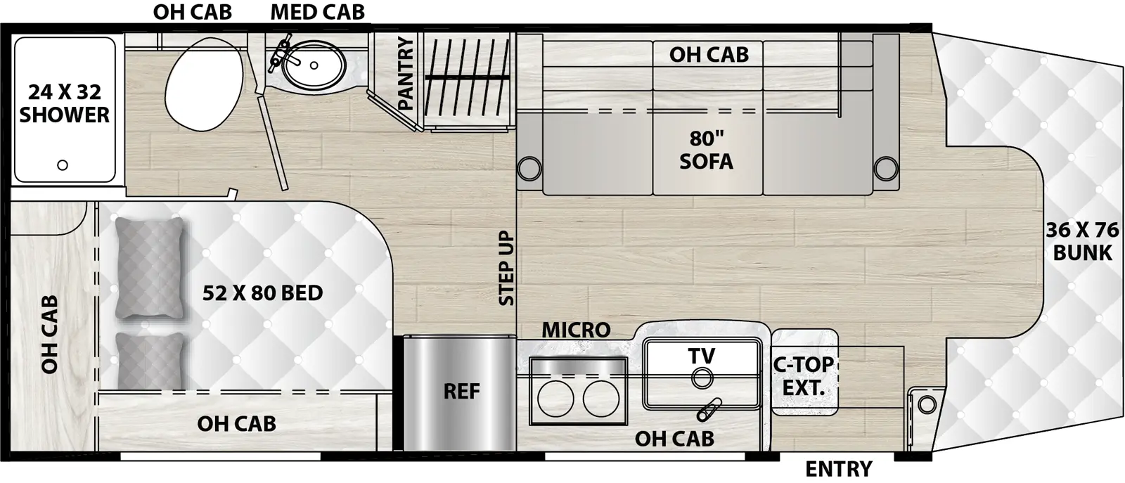 The 24FL has zero slideouts and one entry. Interior layout front to back: bunk over cab, off-door side sofa bed with overhead cabinet, and pantry; door side entry, kitchen counter with sink, countertop extension, overhead cabinet, TV, microwave, cooktop, and refrigerator; rear off-door side bathroom sink with medicine cabinet, and room with toilet, shower and overhead cabinet; rear door side bed with overhead cabinets.